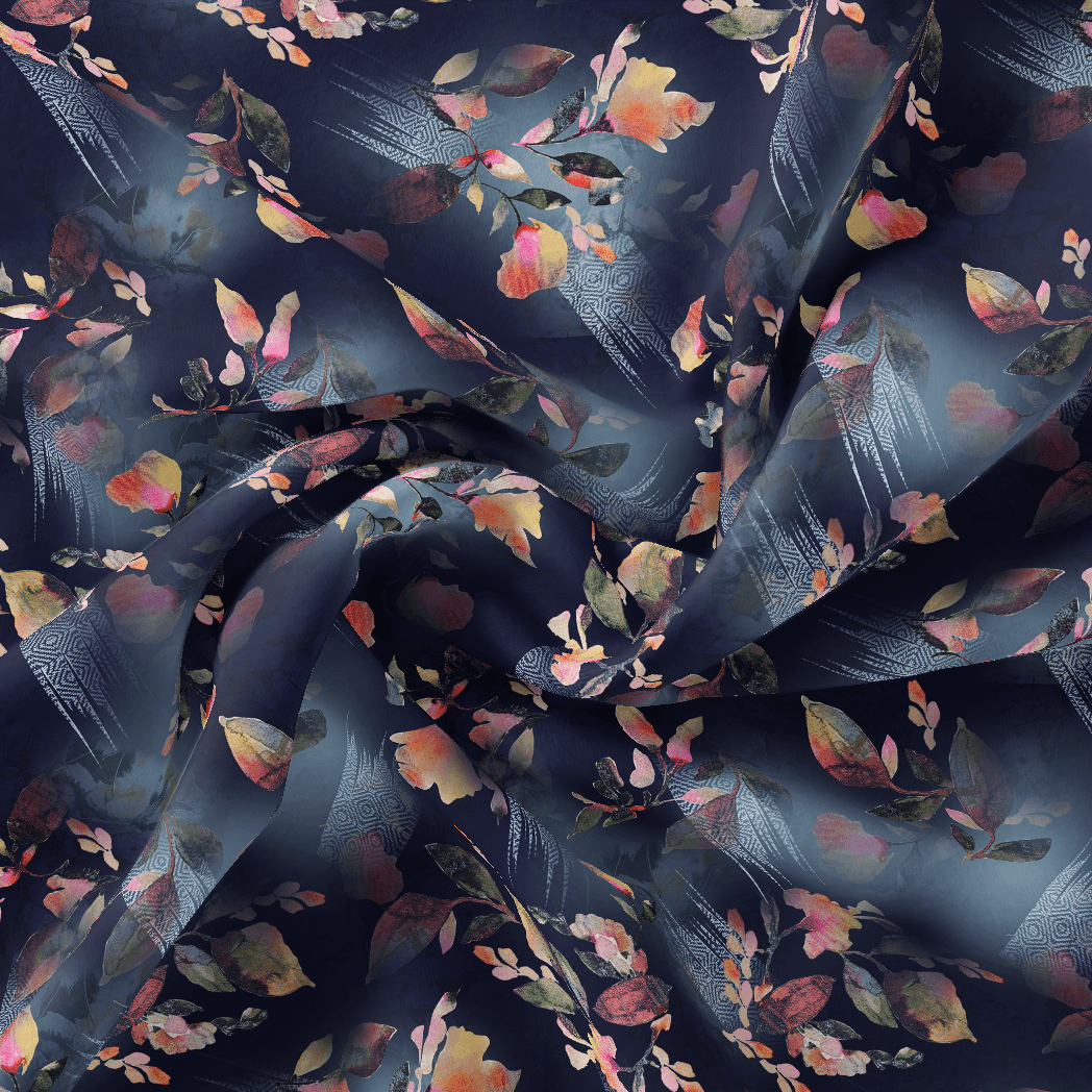 Little Leaves Petals With Blue background Digital Printed Fabric - Japan Satin - FAB VOGUE Studio®
