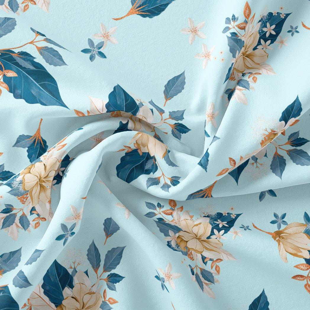 Flower On Ocean Blue Digital Printed Fabric - FAB VOGUE Studio®