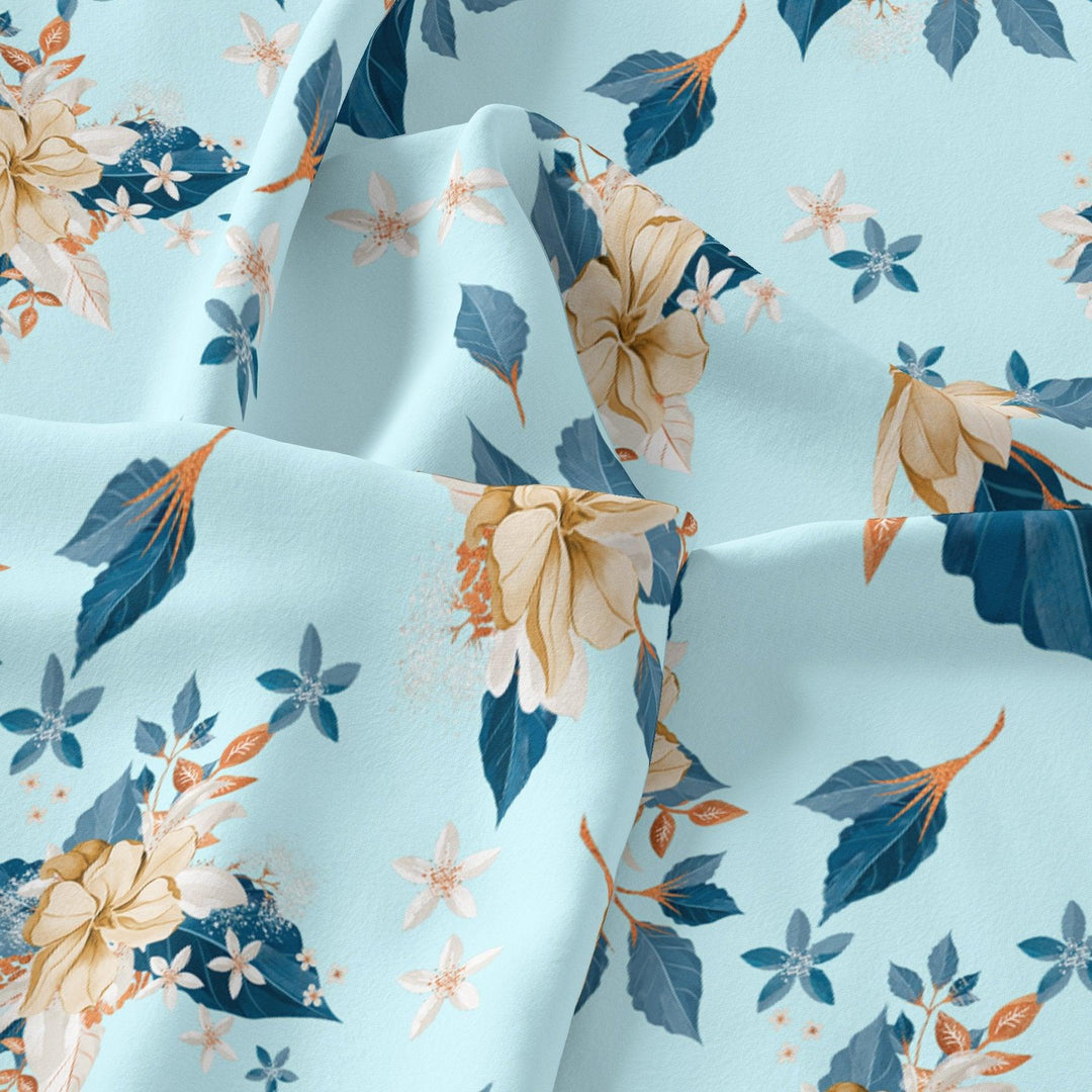 Flower On Ocean Blue Digital Printed Fabric - FAB VOGUE Studio®