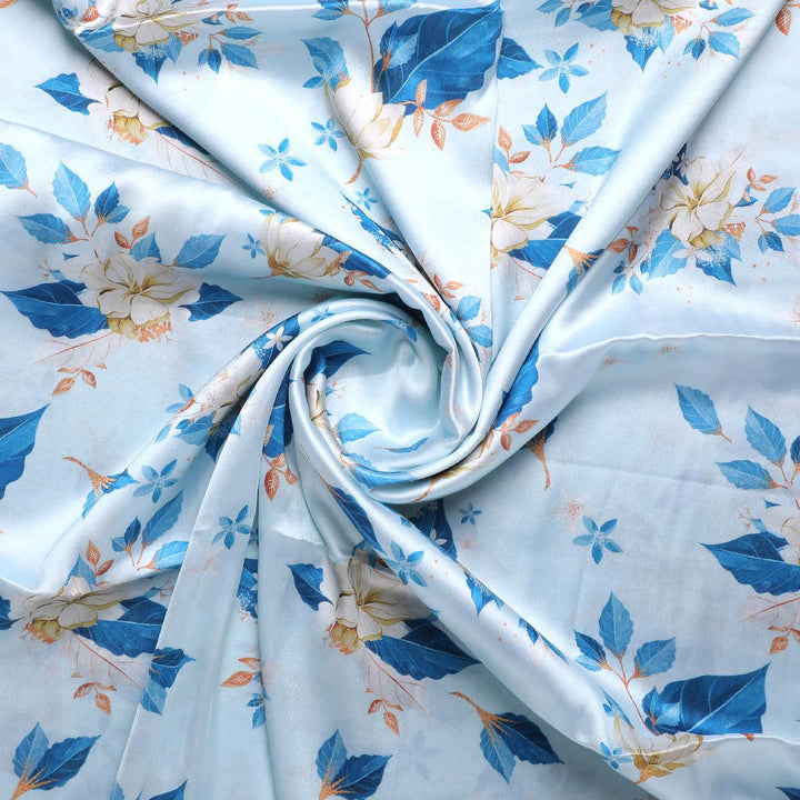 Flower On Ocean Blue Digital Printed Fabric - Japan Satin - FAB VOGUE Studio®