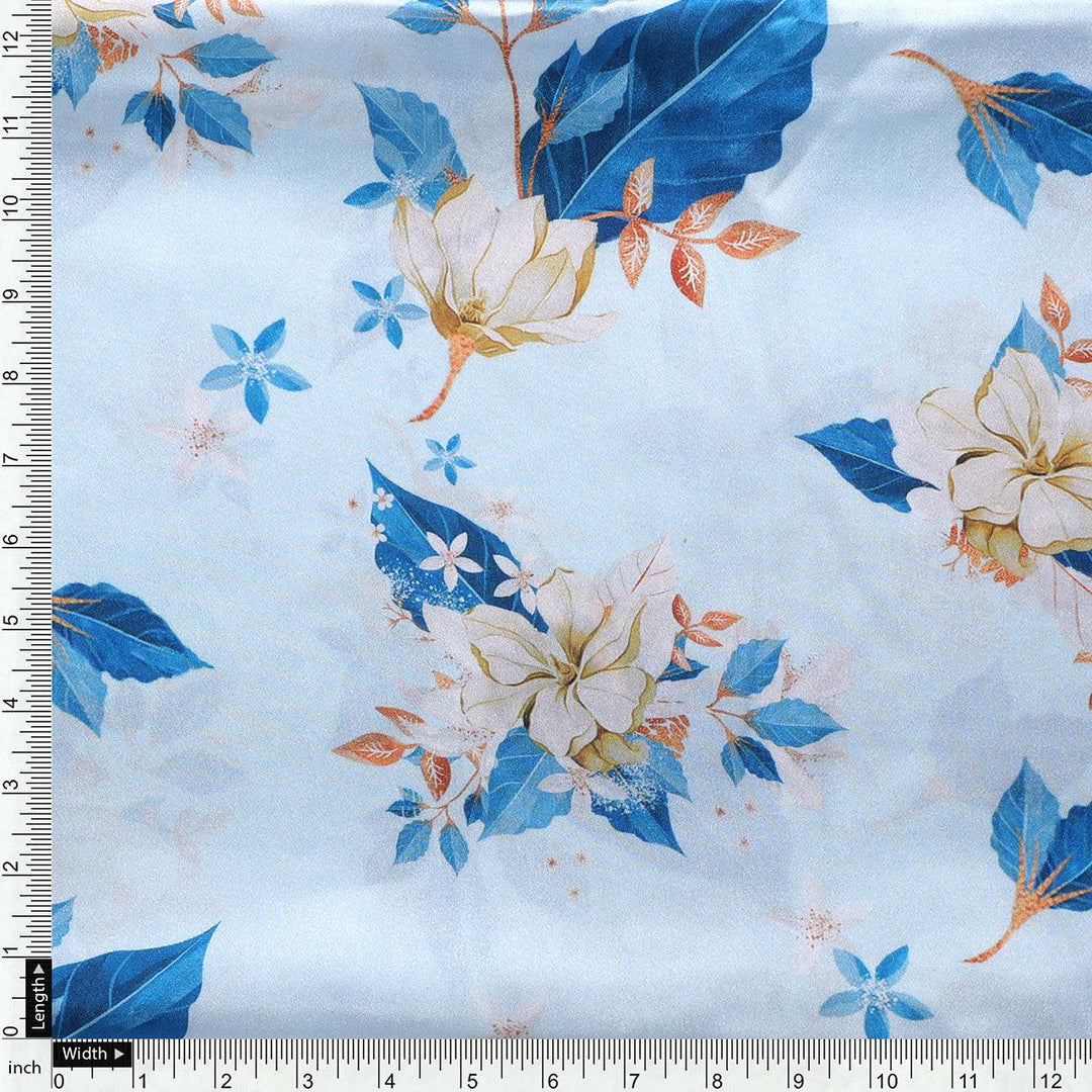 Flower On Ocean Blue Digital Printed Fabric - Japan Satin - FAB VOGUE Studio®