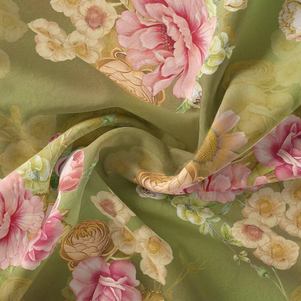 Pink Rose On Green Palate Digital Printed Fabric – js 0 ta07237p4 110 pink rose on green palate digital printed fabric 1