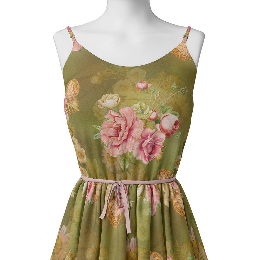 Pink Rose On Green Palate Digital Printed Fabric - FAB VOGUE Studio®