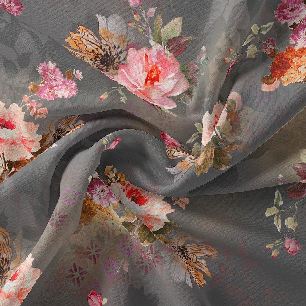Painted Flower Bunch On Grey Palate Digital Printed Fabric - Japan Satin - FAB VOGUE Studio®