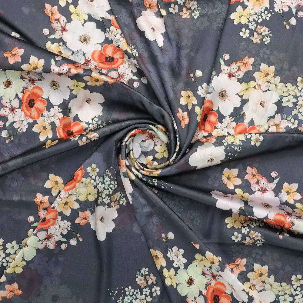 Multicolour Orchid Flower With Grey Background Digital Printed Fabric - Japan Satin – js 0 ta07397p4 110 multicolour orchid flower with grey background digital printed fabric japan satin 1