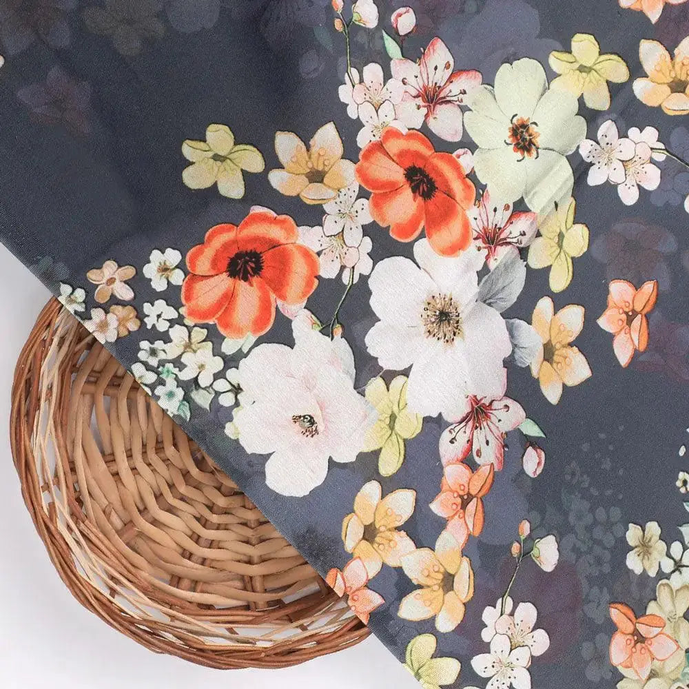 Multicolour Orchid Flower With Grey Background Digital Printed Fabric - Japan Satin – js 0 ta07397p4 110 multicolour orchid flower with grey background digital printed fabric japan satin 2