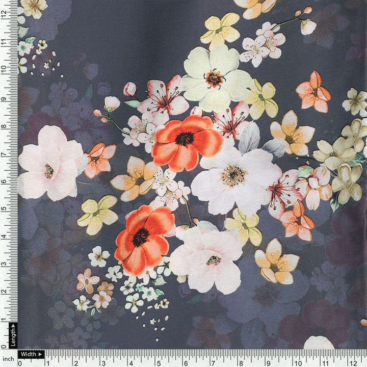 Multicolour Orchid Flower With Grey Background Digital Printed Fabric - Japan Satin - FAB VOGUE Studio®