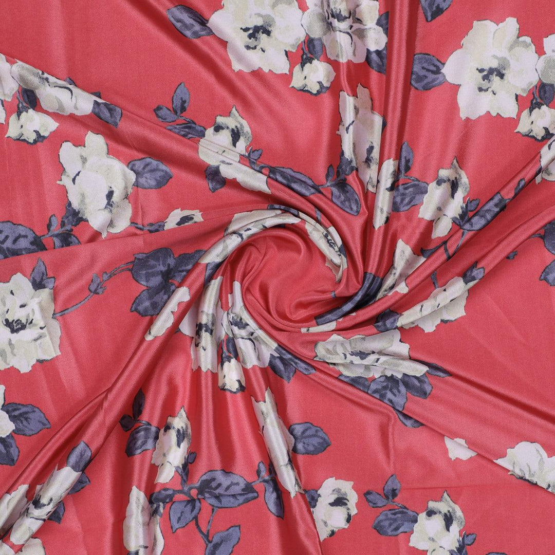 Red And White Flower Digital Printed Fabric - Japan Satin - FAB VOGUE Studio®