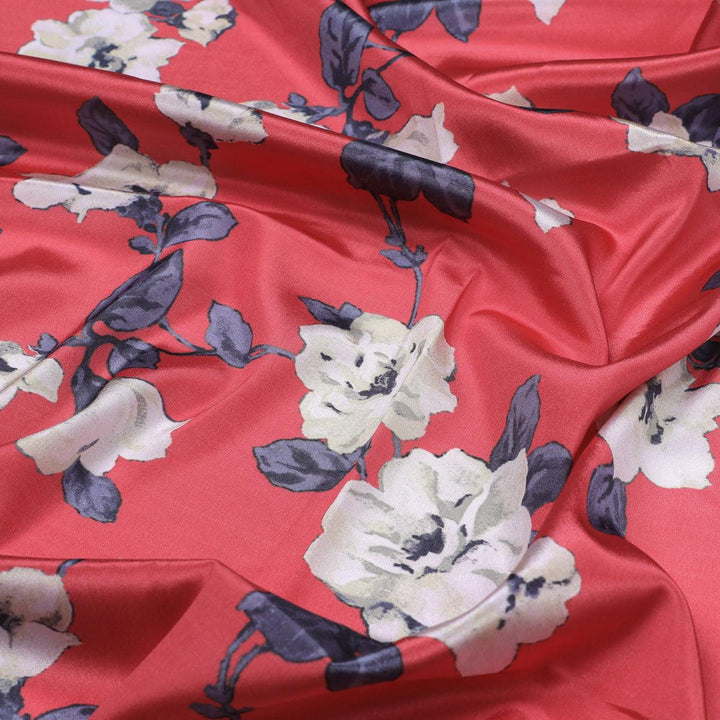 Red And White Flower Digital Printed Fabric - Japan Satin - FAB VOGUE Studio®
