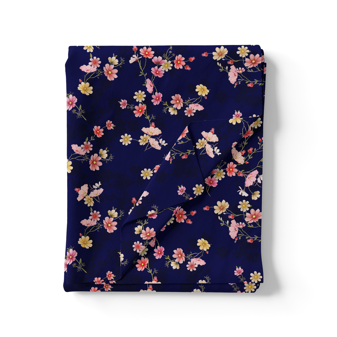 Tiny Colorfull Orchids Floral With Blue Background Digital Printed Fabric - FAB VOGUE Studio®
