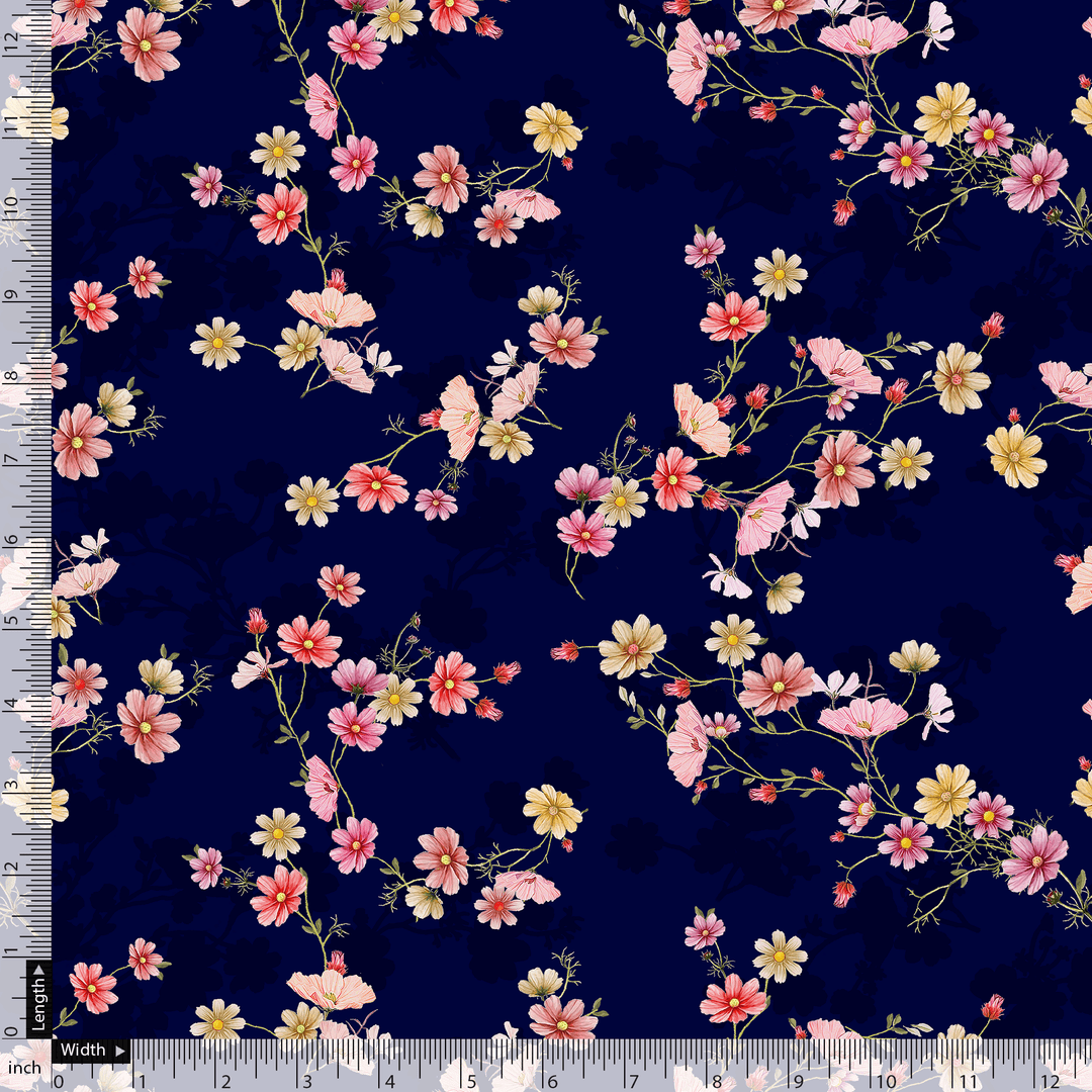 Tiny Colorfull Orchids Floral With Blue Background Digital Printed Fabric - FAB VOGUE Studio®