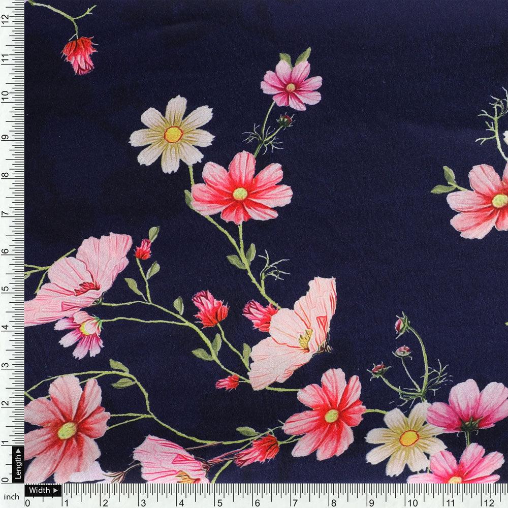 Tiny Colorfull Orchids Floral With Blue Background Digital Printed Fabric - Japan Satin - FAB VOGUE Studio®