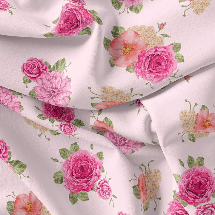 Simple And Beautiful Roses With Pink Lotus Digital Printed Fabric - Japan Satin - FAB VOGUE Studio®