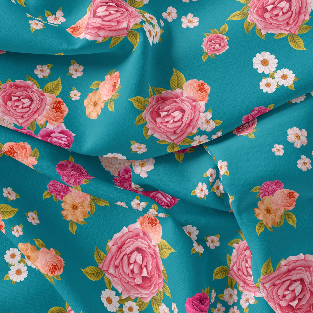 Beautiful Multicolour Anemone Roses Digital Printed Fabric - FAB VOGUE Studio®