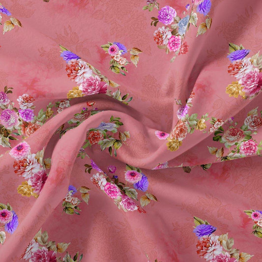 Dusky Pink With Zinnia Flower Digital Printed Fabric - Japan Satin - FAB VOGUE Studio®