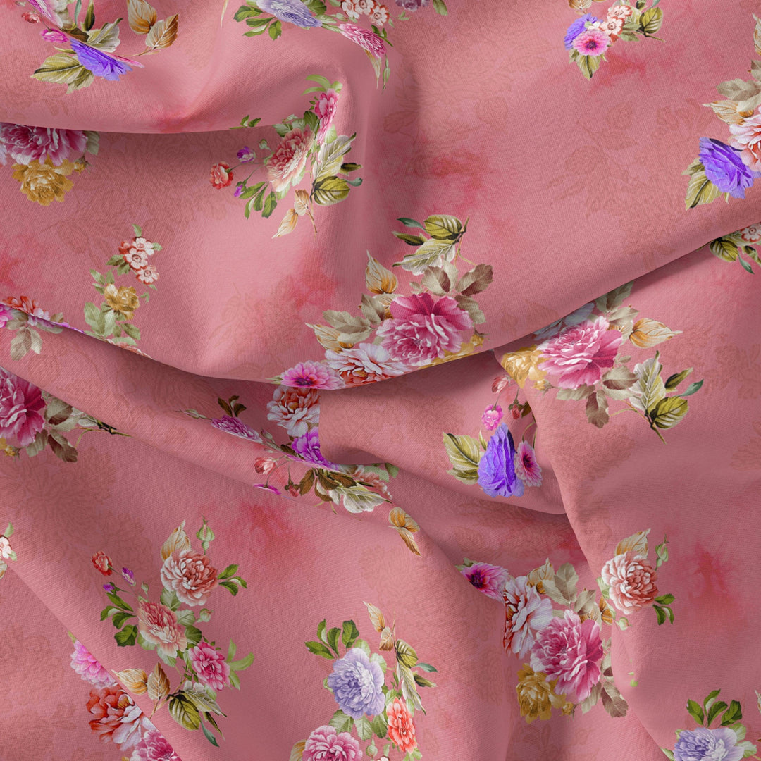Dusky Pink With Zinnia Flower Digital Printed Fabric - Japan Satin - FAB VOGUE Studio®
