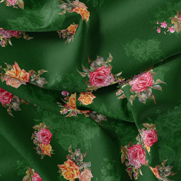 Beautiful Roses With Leaves Digital Printed Fabric - FAB VOGUE Studio®