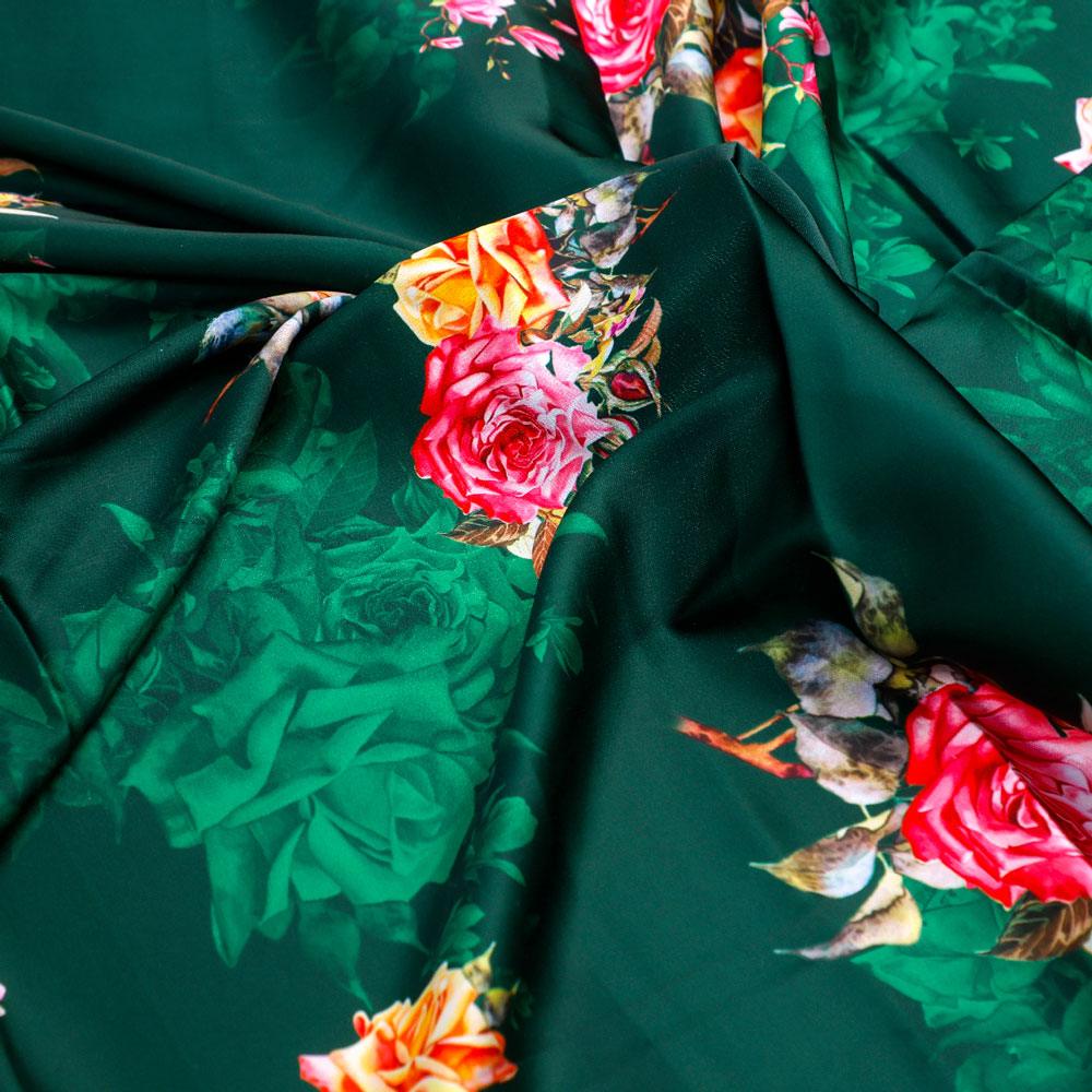 Beautiful Roses With Leaves Digital Printed Fabric - Japan Satin - FAB VOGUE Studio®