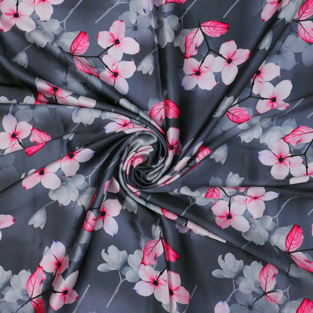 Pink Orchid Flower With Grey Background Digital Printed Fabric - Japan Satin - FAB VOGUE Studio®