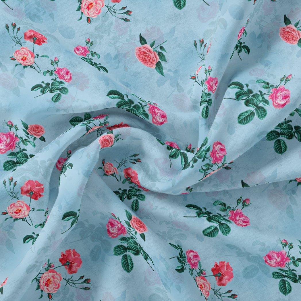 Aspen Green Leaf With Pink Rose Digital Printed Fabric - Japan Satin - FAB VOGUE Studio®