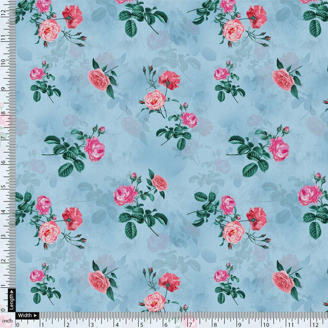 Aspen Green Leaf With Pink Rose Digital Printed Fabric - Japan Satin - FAB VOGUE Studio®