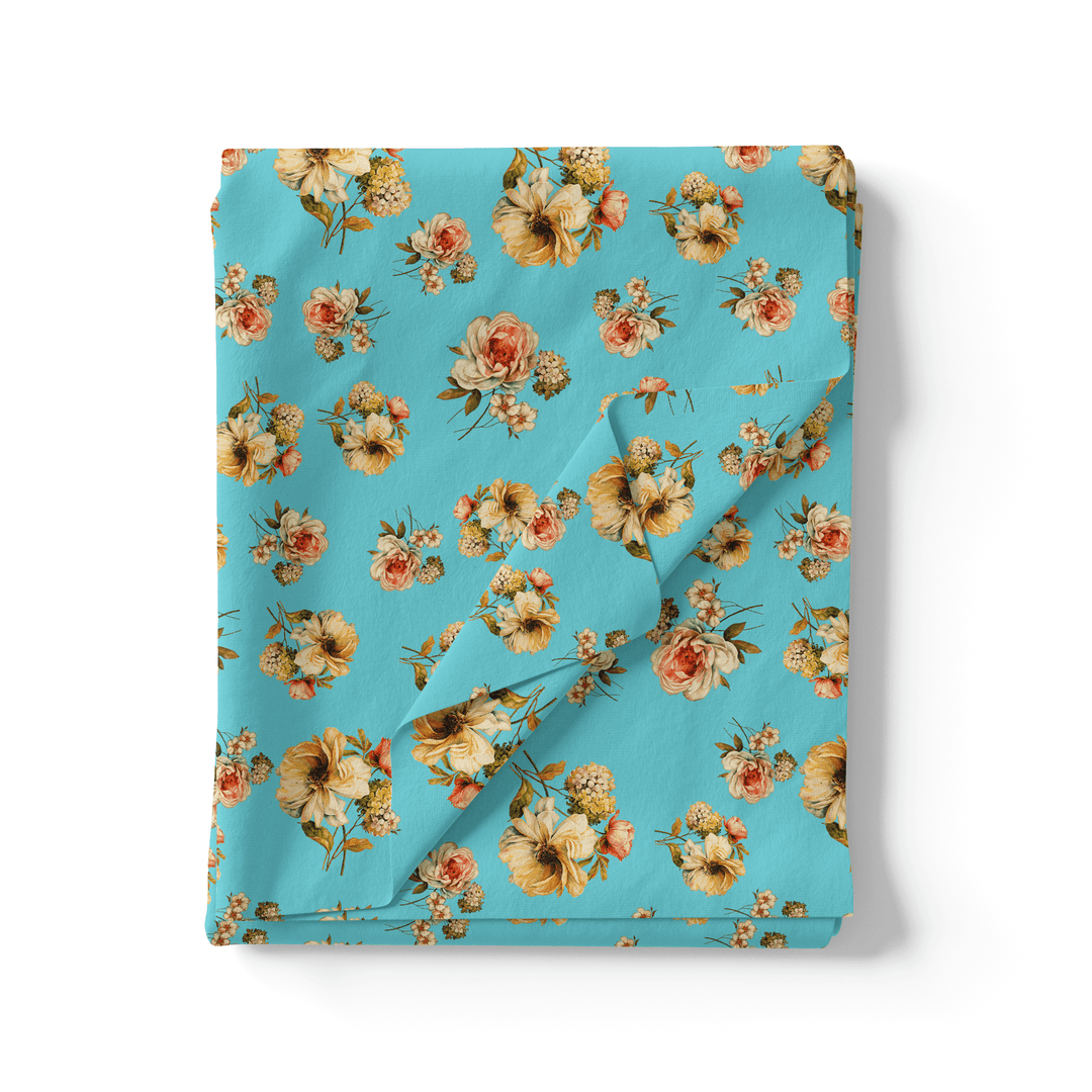 Lovely Periwinkle Flower With Blue Turquoise Digital Printed Fabric - Japan Satin - FAB VOGUE Studio®