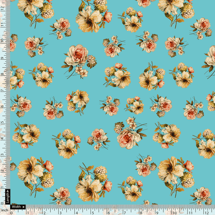 Lovely Periwinkle Flower With Blue Turquoise Digital Printed Fabric - Japan Satin - FAB VOGUE Studio®