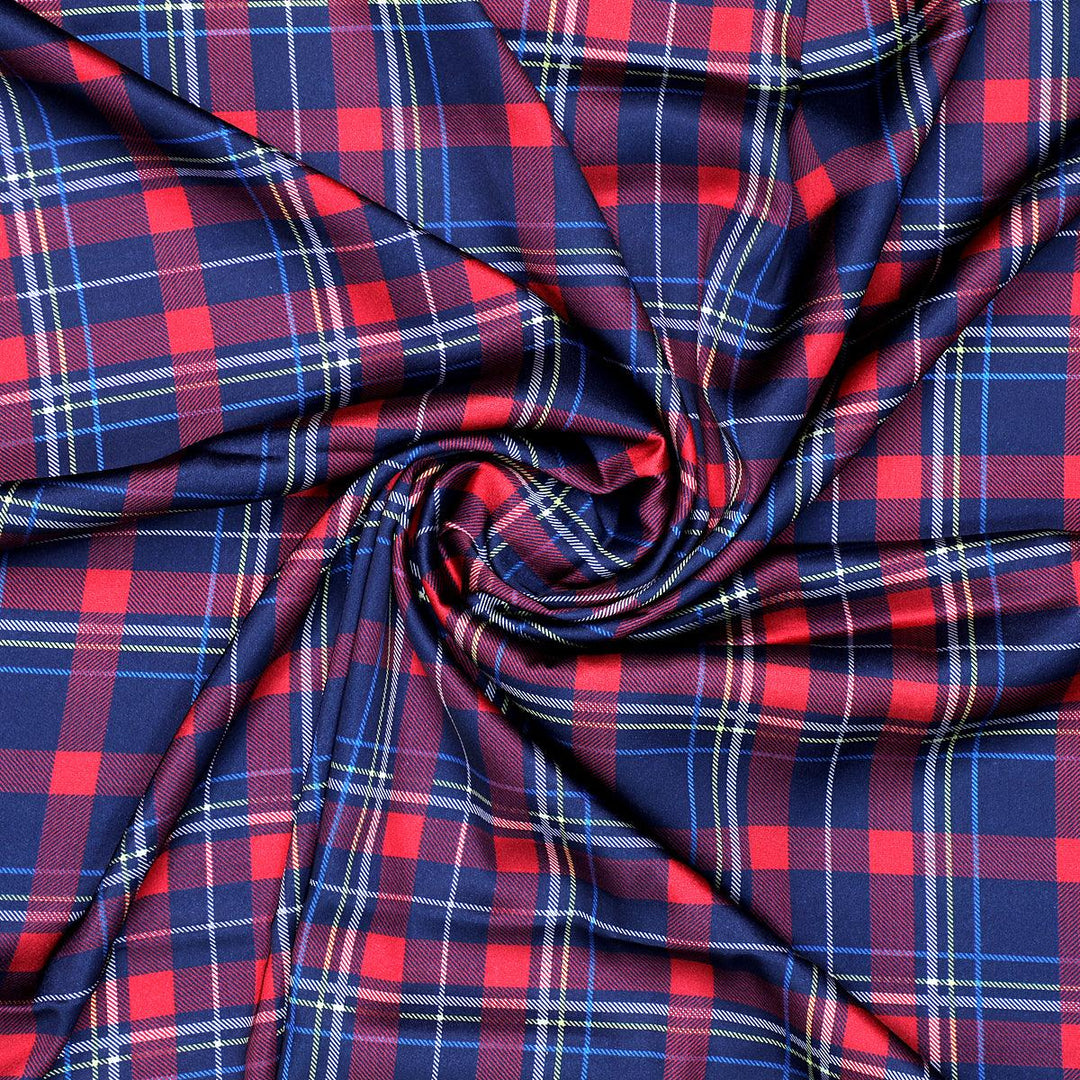 Gingham Pattern With Red And Blue Colour Digital Printed Fabric - Japan Satin - FAB VOGUE Studio®