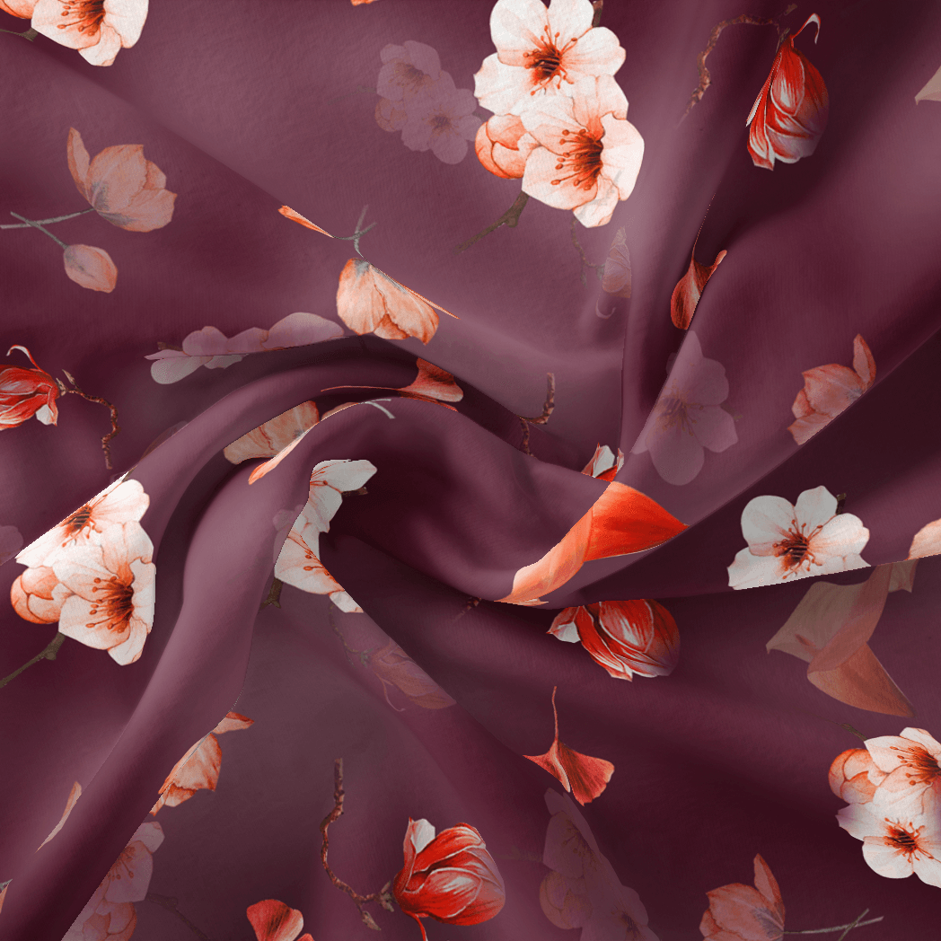 Shiny Red Tulip With Cherry Blossom Flower Digital Printed Fabric - FAB VOGUE Studio®