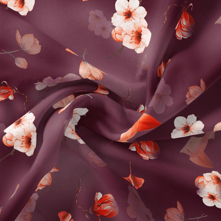 Shiny Red Tulip With Cherry Blossom Flower Digital Printed Fabric - Japan Satin - FAB VOGUE Studio®