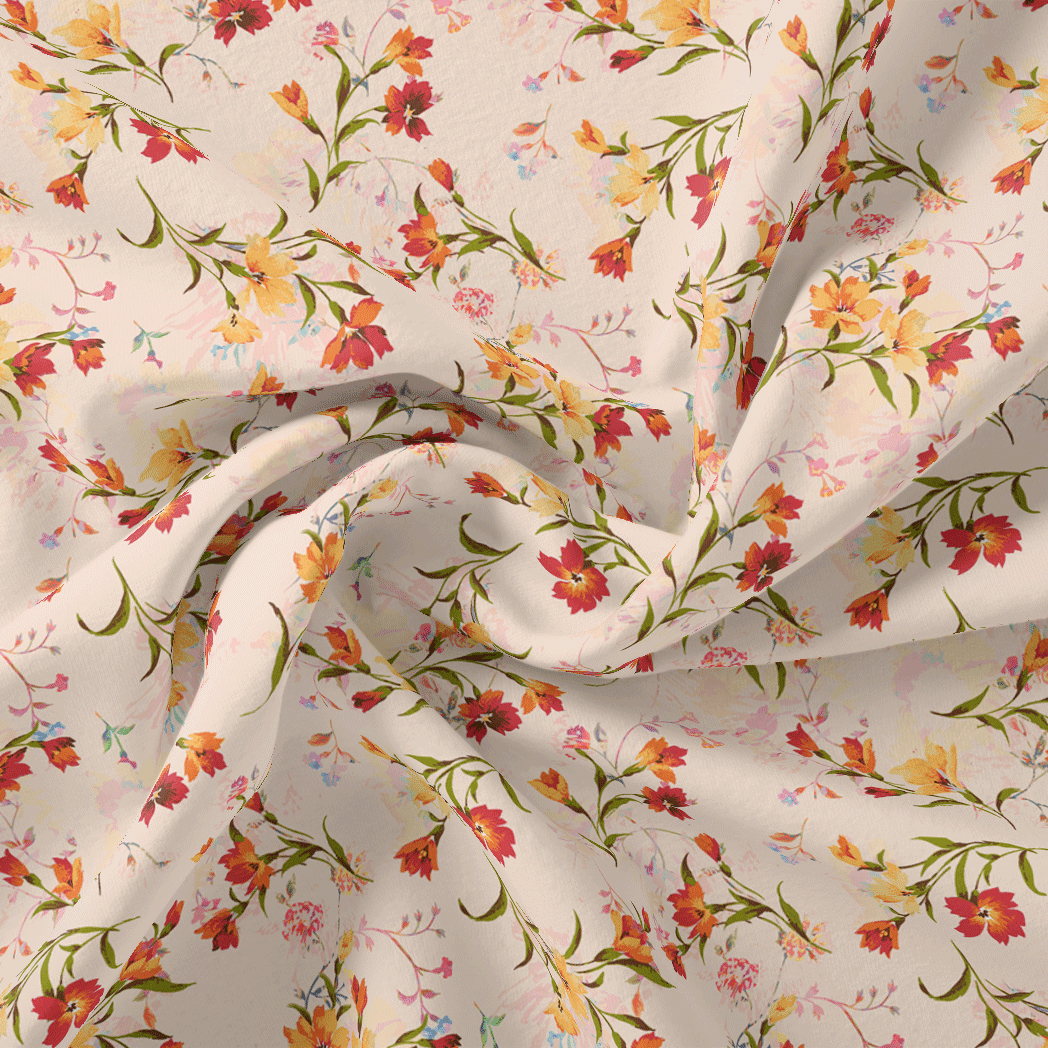 Beautiful Peach Calico Flowed Digital Printed Fabric - Japan Satin - FAB VOGUE Studio®