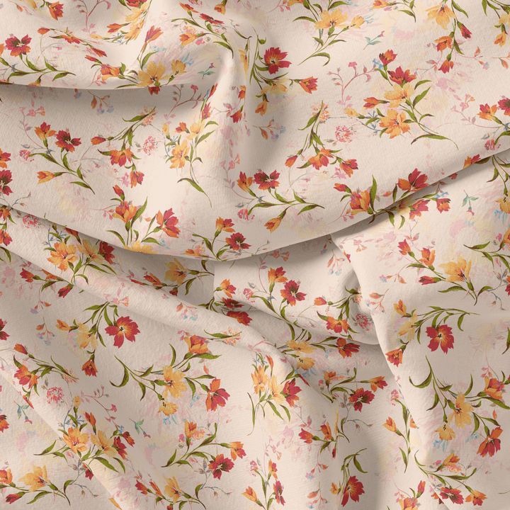 Beautiful Peach Calico Flowed Digital Printed Fabric - Japan Satin - FAB VOGUE Studio®