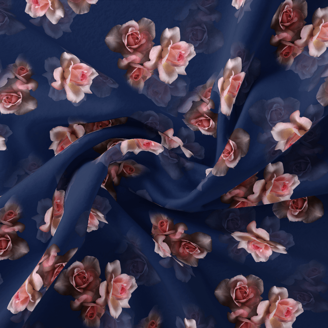 Valvet Blue Background With Creamy Roses Digital Printed Fabric - Japan Satin - FAB VOGUE Studio®