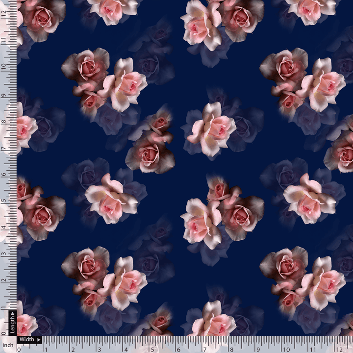 Valvet Blue Background With Creamy Roses Digital Printed Fabric - Japan Satin - FAB VOGUE Studio®