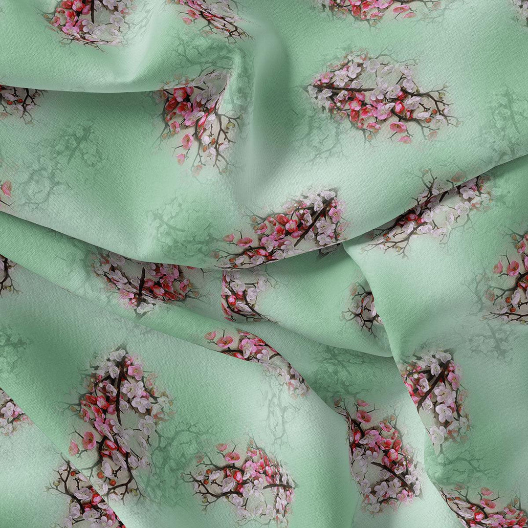 Green Pista Flower Japan Satin Printed Fabric - FAB VOGUE Studio®