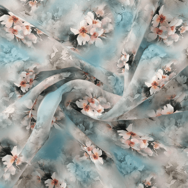 White Orchids Flower With Blue Background Digital Printed Fabric - FAB VOGUE Studio®