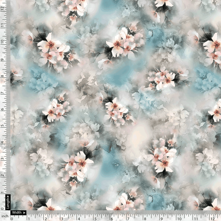 White Orchids Flower With Blue Background Digital Printed Fabric - FAB VOGUE Studio®
