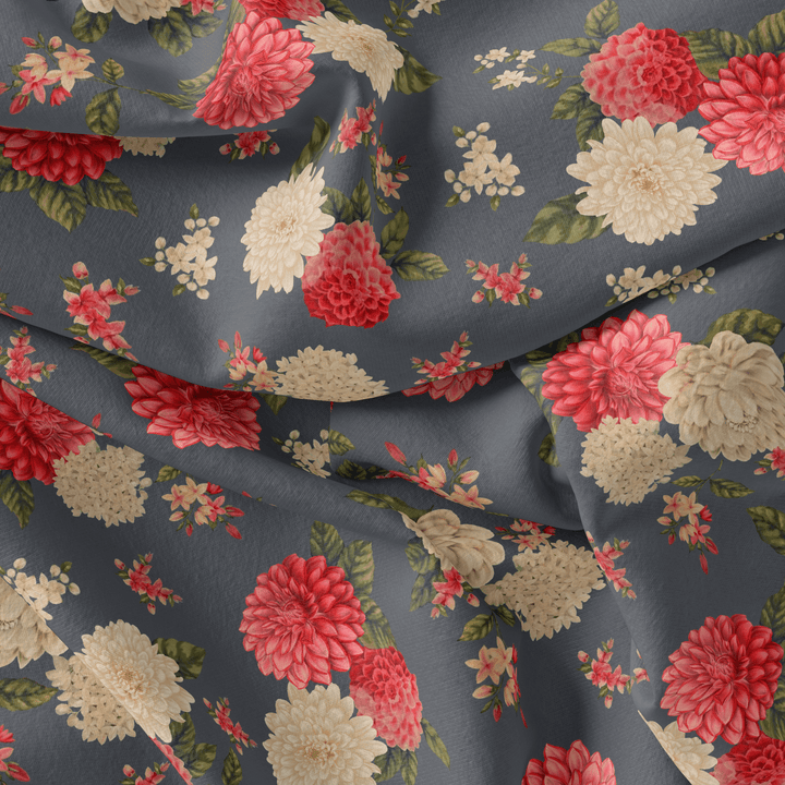 Beautiful Dahlia Red And Gray Flower Digital Printed Fabric - FAB VOGUE Studio®