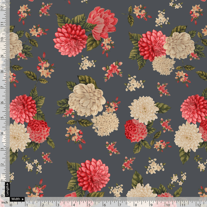 Beautiful Dahlia Red And Gray Flower Digital Printed Fabric - FAB VOGUE Studio®