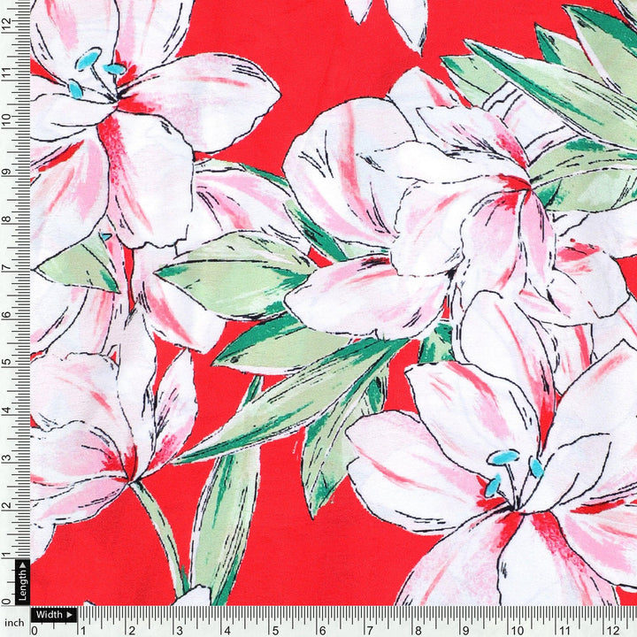 Watercolour Orchid Flower With Green Leaves Digital Printed Fabric - Japan Satin - FAB VOGUE Studio®