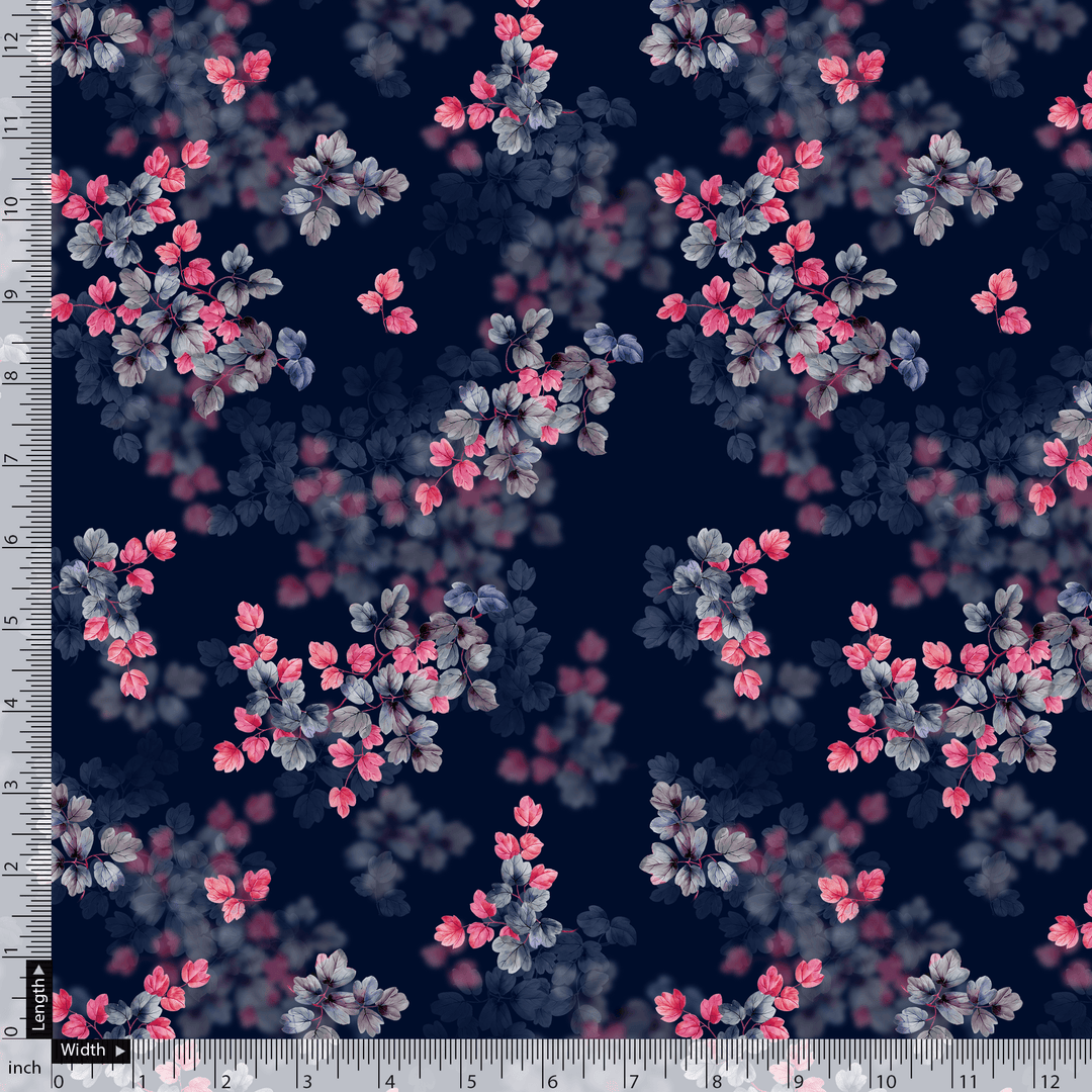 Pink And Gray Leaves With Blue Background Digital Printed Fabric - FAB VOGUE Studio®