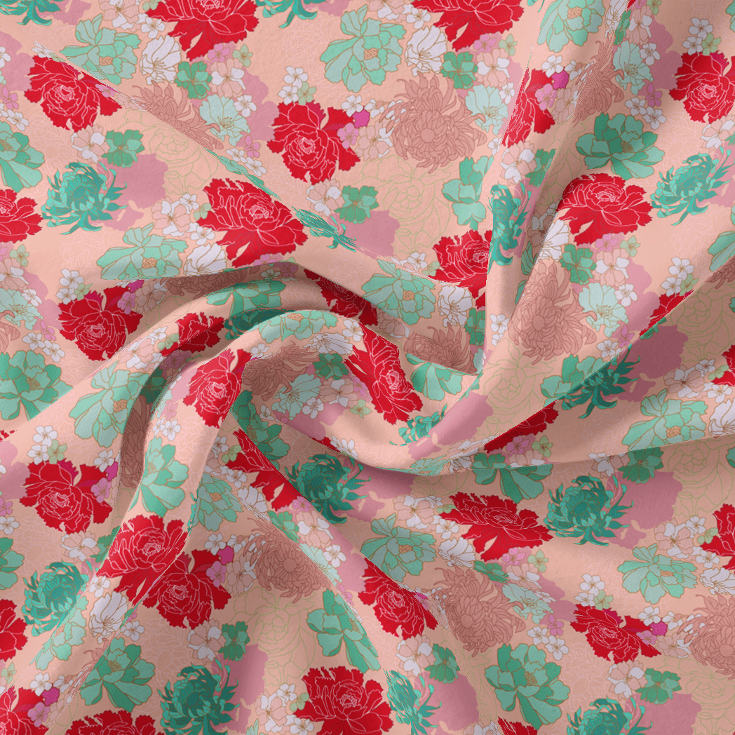 Seamless Red And Pista Roses With Geranium Flower Digital Printed Fabric - FAB VOGUE Studio®