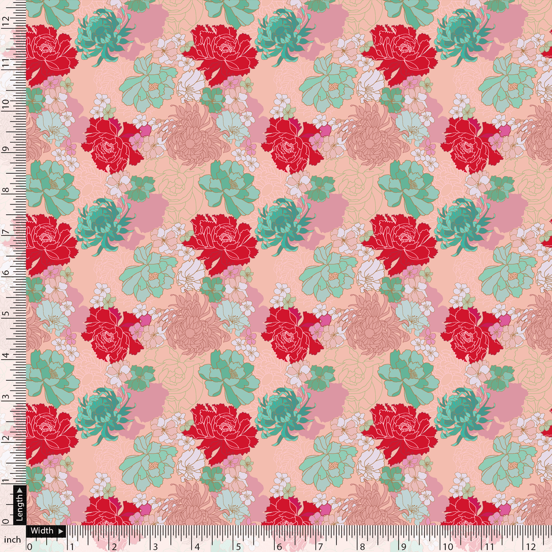 Seamless Red And Pista Roses With Geranium Flower Digital Printed Fabric - FAB VOGUE Studio®