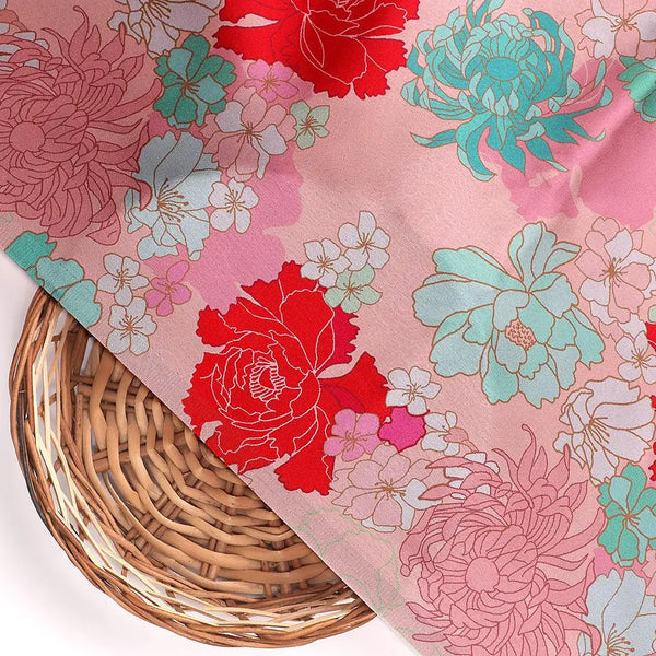 Seamless Red And Pista Roses With Geranium Flower Digital Printed Fabric - Japan Satin – js 0 ta09487pc 110 seamless red and pista roses with geranium flower digital printed fabric japan satin 2 - alternate view