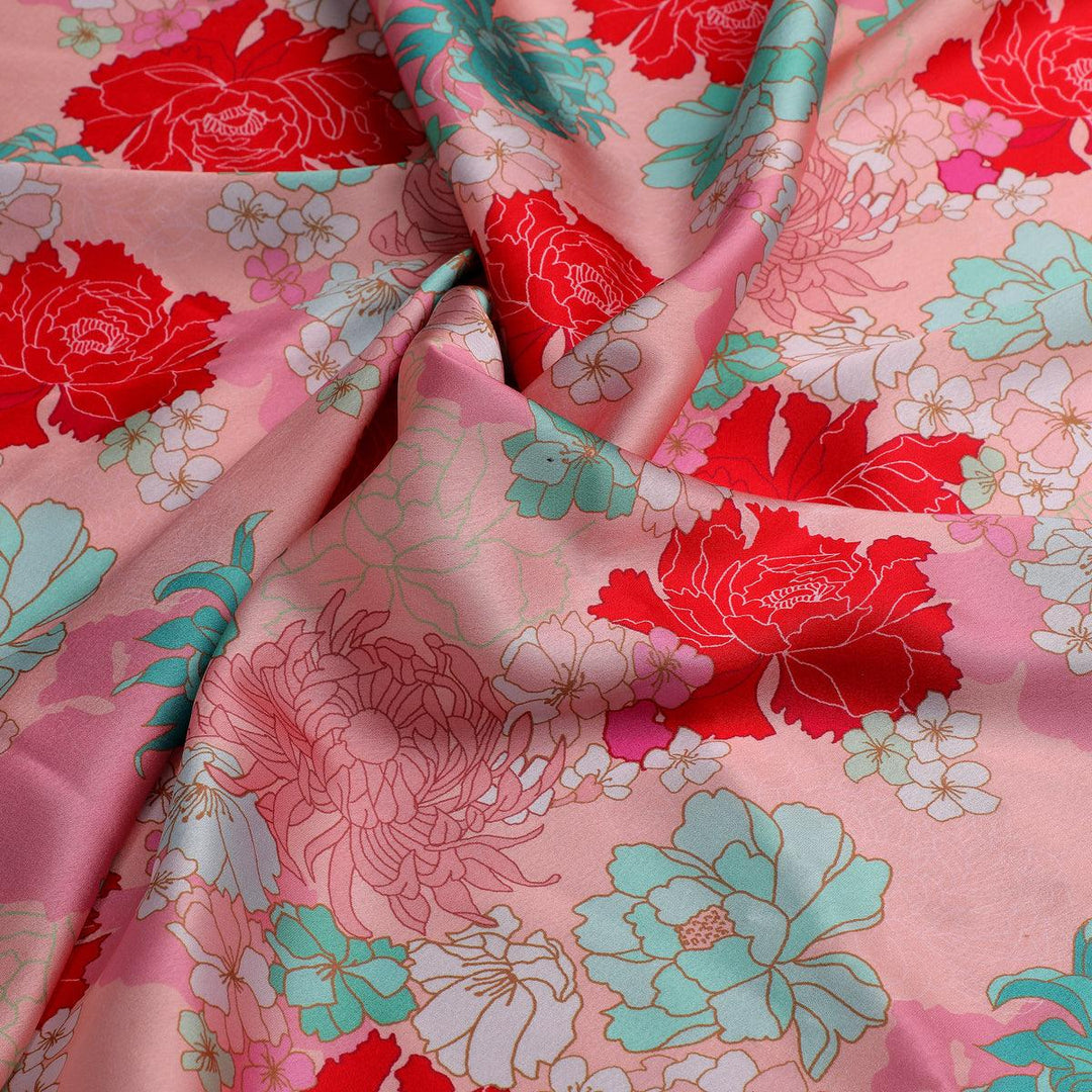 Seamless Red And Pista Roses With Geranium Flower Digital Printed Fabric - Japan Satin - FAB VOGUE Studio®