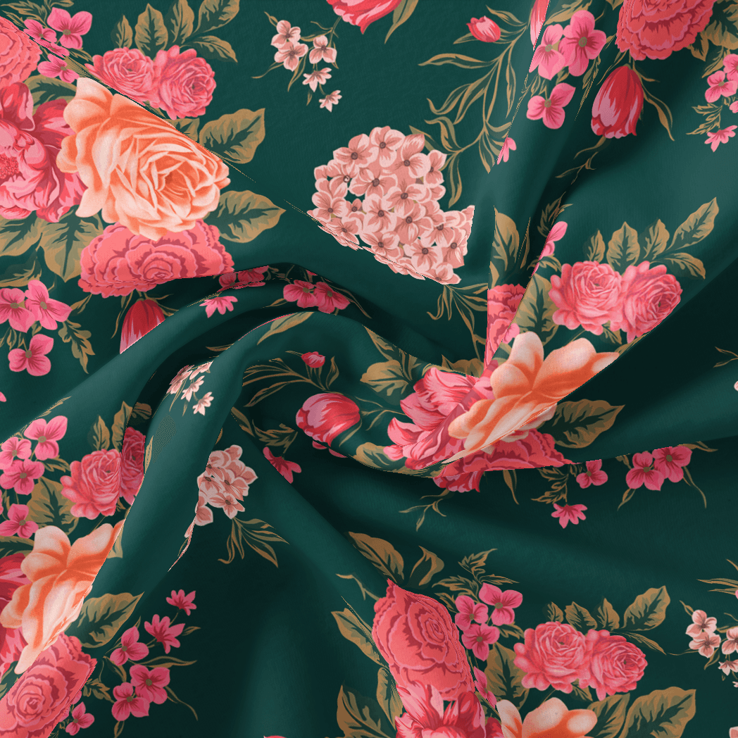 Beautiful Flower Pattern With Buds Digital Printed Fabric - FAB VOGUE Studio®