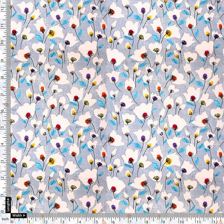 Winter White Flower Print Digital Printed Fabric - Japan Satin - FAB VOGUE Studio®