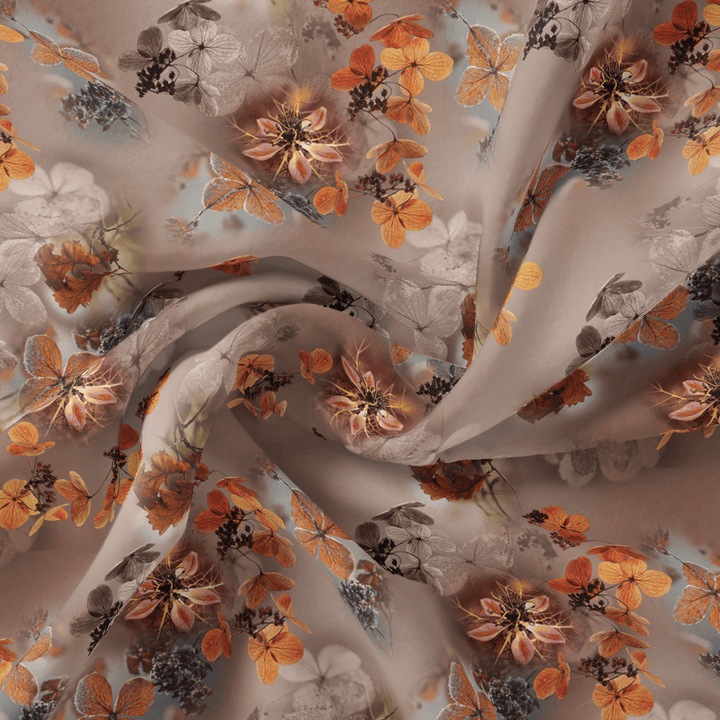 Attractive Brown Periwinkle With Leaves Digital Printed Fabric - FAB VOGUE Studio®