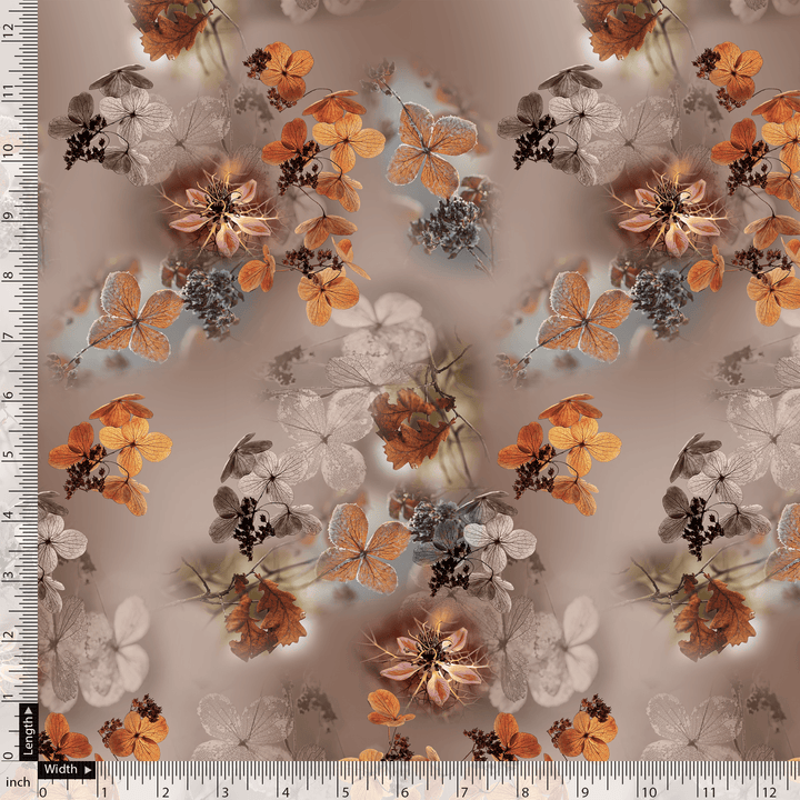 Attractive Brown Periwinkle With Leaves Digital Printed Fabric - FAB VOGUE Studio®