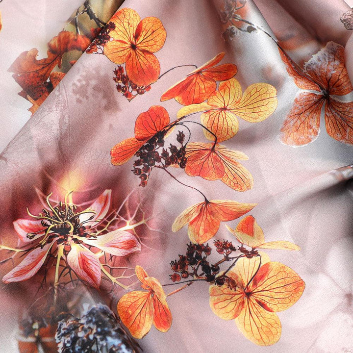 Morden Periwinkle Floral Flowers With Gray Leaves Digital Printed Fabric - Japan Satin - FAB VOGUE Studio®